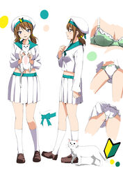  animal batsubyou blue_eyes bow bow_bra bra breasts brown_hair clothes_lift color_guide commentary_request error_musume feline female girl_holding_a_cat_(kancolle) green_bra hair_ribbon hat highres holding holding_animal humanization kantai_collection looking_at_viewer medium_breasts midriff multiple_views navel open_mouth panties pantyshot ribbon sailor school_uniform serafuku shoshinsha_mark shounan_ruizu skirt skirt_lift twintails underwear white_panties 