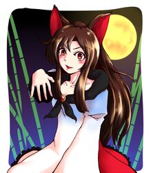  animal_ears bad_id bad_pixiv_id bamboo bone brooch brown_hair collarbone dress female full_moon imaizumi_kagerou jewelry long_hair long_sleeves moon oerba_yun_fang open_mouth red_eyes smile solo toluda touhou wolf_ears 