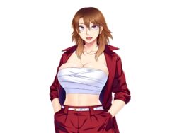  belt breast_suppress breasts brown_hair cleavage collarbone earrings female game_cg hair_between_eyes hands_in_pocket highres huge_breasts jacket long_hair looking_at_viewer oohara_kyuutarou open_jacket open_mouth original pink_eyes red_clothes red_jacket sarashi shirouto_yan_mama,_kosatsu_av_debut:_mitena,_onna_wa_dokyou_daze! simple_background smile solo standing transparent_background upper_body 