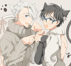  2boys animal_ear_fluff animal_ears backless_outfit bad_id bad_pixiv_id black_hair blue-framed_eyewear blue_eyes brown_eyes brown_theme cat_boy cat_ears cat_tail commentary_request eunram extra_ears glasses hair_over_one_eye katsuki_yuuri kemonomimi_mode male_focus meme_attire multiple_boys open_mouth pale_color paw_pose paw_print smile sweater tail turtleneck turtleneck_sweater viktor_nikiforov virgin_killer_sweater white_hair yuri!!!_on_ice 