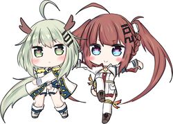  2girls :&gt; :&lt; ahoge an_shan_(azur_lane) azur_lane bailingxiao_jiu blue_eyes blush boots braid brown_footwear brown_hair cape chibi closed_mouth commentary_request cross-laced_footwear detached_sleeves dress epaulettes fu_shun_(azur_lane) green_eyes green_hair hair_ornament heart heart-shaped_pupils horns lace-up_boots long_hair long_sleeves looking_at_viewer multiple_girls outstretched_arms parted_lips shoes short_dress sidelocks simple_background spread_arms standing standing_on_one_leg symbol-shaped_pupils thighhighs triangle_mouth twintails very_long_hair white_background white_cape white_dress white_footwear white_thighhighs 