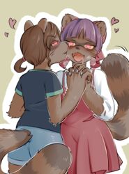  2018 accessory anthro blush bodily_fluids bottomwear breath brown_body brown_fur brown_hair c-3matome claws clothed clothing dress drooling duo female female/female fur gegege_no_kitaro glowing glowing_eyes hair hair_accessory hair_ribbon hand_holding heart_symbol hi_res kemono kissing mammal mana_inuyama neko_musume open_mouth pink_eyes procyonid purple_hair raccoon ribbons saliva shirt short_hair shorts simple_background snout species_transformation spiral_eyes tongue tongue_out topwear transformation transformation_through_kiss 