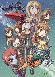  6+girls ahoge analyzer_(uchuu_senkan_yamato) belt blush bodysuit brown_hair chibi commentary_request cosmo_zero energy_cannon gamilas glasses harada_makoto helmet highres kiichi long_hair looking_at_viewer mecha melda_deitz military military_uniform milky_way misaki_yuria mori_yuki multiple_girls niimi_kaoru pilot pilot_suit robot science_fiction short_hair signature space spacecraft spacesuit star_(sky) starfighter starsha uchuu_senkan_yamato uchuu_senkan_yamato_2199 uniform weapon yamamoto_akira yamato_(uchuu_senkan_yamato) 