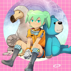  2boys bad_id bad_pixiv_id bird boots dodo_(bird) fei_rune gloves goggles green_eyes green_hair inazuma_eleven_(series) inazuma_eleven_go inazuma_eleven_go_chrono_stone male_focus mizuhara_aki multiple_boys nautilus_(animal) no_pupils sitting stuffed_animal stuffed_toy teddy_bear wonderbat 