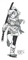  alex_ahad asymmetrical_legwear breasts cleavage commentary english_commentary female gloves goggles goggles_on_head gouma_reifuden_izuna highres izuna_(gouma_reifuden_izuna) katana large_breasts mismatched_legwear monochrome photoshop_(medium) scarf sheath sheathed short_hair signature single_thighhigh solo sword thighhighs weapon 