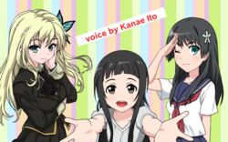  3girls black_eyes black_hair blonde_hair blue_eyes boku_wa_tomodachi_ga_sukunai butterfly_hair_ornament commentary_request hair_ornament itou_kanae kashiwazaki_sena long_hair looking_at_viewer multiple_girls nekonopapa sakugawa_school_uniform saten_ruiko school_uniform serafuku smile st._chronica_academy_school_uniform summer_uniform sword_art_online toaru_kagaku_no_railgun toaru_majutsu_no_index voice_actor_connection yui_(sao) 