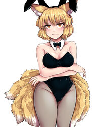  absurdres animal_ears black_bow black_bowtie black_leotard blonde_hair bow bowtie breasts cleavage collarbone commentary_request cowboy_shot cross-species_cosplay detached_collar fake_animal_ears female fishnet_pantyhose fishnets fox_ears fox_tail highres leotard looking_at_viewer medium_breasts pantyhose playboy_bunny rabbit_ears short_hair simple_background solo standing strapless strapless_leotard tail toluda touhou wavy_mouth white_background wrist_cuffs yakumo_ran yellow_eyes 