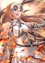  :o absurdres armor armored_dress banner blonde_hair blue_eyes breasts commentary_request fate/grand_order fate_(series) female fire flagpole gauntlets headpiece highres jeanne_d&#039;arc_(fate) jeanne_d&#039;arc_(third_ascension)_(fate) large_breasts long_hair solo sword takenoko_27074918 very_long_hair weapon 