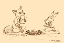  2016 annoyed anthro badge blush canid canine chacckco chopsticks closed_eyes clothing disney duo eating female food fox fur happy judy_hopps kneeling lagomorph leporid long_ears male mammal nick_wilde police police_badge police_uniform rabbit red_fox sitting sushi tight_clothing true_fox uniform zootopia 