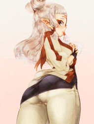  ass breasts commentary_request female hair_ornament highres lips long_hair looking_at_viewer pants pantyhose pantylines paya_(zelda) pointy_ears sheikah small_breasts solo standing suzuhiro the_legend_of_zelda the_legend_of_zelda:_breath_of_the_wild turtleneck white_hair white_pantyhose 