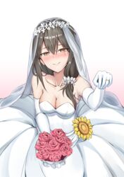  absurdres blush bouquet breasts bridal_veil cleavage commentary dress elbow_gloves female flower girls&#039;_frontline gloves grey_hair happy_tears helianthus_(girls&#039;_frontline) highres jewelry ky_(ky990533) large_breasts long_hair ring smile solo strapless strapless_dress sunflower tears veil wedding_dress wedding_ring white_gloves yellow_eyes 