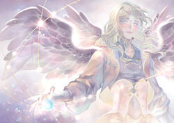  1boy alexa_pasztor angel_wings backlighting bad_deviantart_id bad_id blue_eyes clothing_cutout cropped_jacket energy_ball fai_d._flowright male_focus multiple_wings navel orbital_path photoshop_(medium) smile solo stomach_cutout tsubasa_chronicle upper_body watermark white_hair wings 