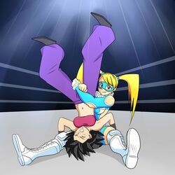  2girls bad_deviantart_id bad_id bad_source baggy_pants bandeau belt_bra big_hair black_footwear black_hair blonde_hair blue_bodysuit blue_eyes blue_leotard bodysuit boots breasts caulifla clothing_cutout commission crop_top crossover domino_mask dragon_ball dragon_ball_super hair_tubes holding impossible_clothes knee_pads leotard long_hair mask medium_breasts midriff multiple_girls navel open_mouth pants piledriver_(wrestling) purple_pants rainbow_mika saiyan shoulder_cutout smile spiked_hair stomach strapless street_fighter street_fighter_zero_(series) teeth tube_top twintails upside-down vambraces very_long_hair white_footwear wrestling wrestling_mask wrestling_outfit wrestling_ring wristband 