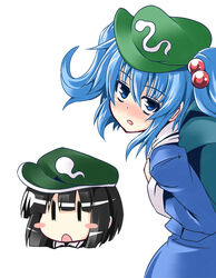  2girls backpack bag black_hair blue_eyes blue_hair blush blush_stickers commentary_request dark_haired_kappa extra hair_bobbles hair_ornament hat ichimi kawashiro_nitori looking_at_viewer multiple_girls open_mouth photoshop_(medium) short_hair touhou two_side_up |_| 