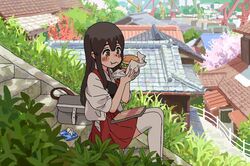  aged_down akagi_(kancolle) bag brown_eyes brown_hair burger cherry_blossoms commentary_request dappled_sunlight eating feet_out_of_frame female food hakama hakama_short_skirt hakama_skirt house japanese_clothes kantai_collection leaf long_hair muneate outdoors pleated_skirt red_skirt road scenery shijukara_(great_tit) sitting skirt solo stairs straight_hair sunlight tasuki thighhighs tree white_thighhighs 