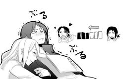  2girls bad_id bad_pixiv_id blush greyscale hug jaw_titan krista_lenz monochrome multiple_girls shingeki_no_kyojin short_hair smile titan_(shingeki_no_kyojin) translated trembling ymir_(shingeki_no_kyojin) yu_(uza) yuri 