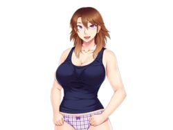  bare_arms blue_shirt breasts brown_hair cleavage clenched_hands collarbone earrings female game_cg hair_between_eyes highres huge_breasts long_hair looking_at_viewer oohara_kyuutarou open_mouth original panties pink_eyes shirouto_yan_mama,_kosatsu_av_debut:_mitena,_onna_wa_dokyou_daze! shirt simple_background sleeveless smile solo standing striped striped_panties transparent_background underwear upper_body 