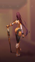  ass back boots carpe_(gamer) colored_skin commentary esports esports_cosmetic female fingerless_gloves fusion_widowmaker gloves gun highres long_hair nezumi_(tuboshu2013) official_alternate_costume overwatch overwatch_1 overwatch_esports overwatch_league philadelphia_fusion photoshop_(medium) ponytail purple_hair purple_skin rifle solo tattoo very_long_hair weapon widowmaker_(overwatch) 