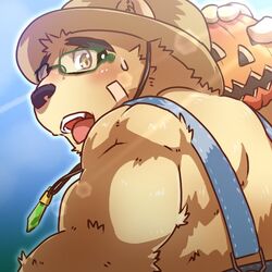  1:1 2018 anthro avoid_posting bear blush brown_body brown_fur clothing eyewear food fruit fur glasses hat headgear headwear lifewonders male mammal nikunabe1989 overalls plant pumpkin solo straw_hat tokyo_afterschool_summoners volos_(tas) 