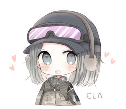  :d bad_id bad_pixiv_id baseball_cap black_hat blush camouflage camouflage_jacket character_name chibi cottontailtokki ear_protection ela_(rainbow_six_siege) female goggles goggles_on_headwear grey_eyes grey_hair hat jacket long_hair looking_at_viewer open_mouth rainbow_six_siege simple_background smile solo white_background 