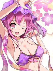  ;d absurdres bikini blush breasts commentary_request female hat highres large_breasts one_eye_closed open_mouth pink_eyes pink_hair purple_bikini saigyouji_yuyuko short_hair smile solo swimsuit touhou triangular_headpiece upper_body velia 