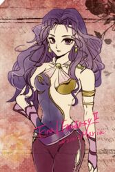  breasts cleavage commentary_request dress earrings female final_fantasy final_fantasy_ii highres jewelry long_hair maria_(ff2) purple_eyes purple_hair smile solo yadoso 