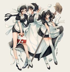  3girls apron asuda black_eyes black_hair broom commentary_request cup dress frilled_apron frilled_dress frilled_skirt frills glasses gloves long_hair maid maid_headdress medium_hair miniskirt multiple_girls open_mouth original skirt socks standing tray wind 