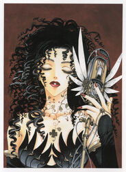  absurdres bare_shoulders black_hair breasts clamp_(circle) clover clover_(manga) collarbone curly_hair detached_sleeves drill_hair earrings eyelashes female highres holding jewelry lipstick long_hair makeup mechanical_wings medium_breasts microphone nail_polish official_art oruha parted_lips photoshop_(medium) red_nails scan simple_background solo steampunk tattoo traditional_media wings 