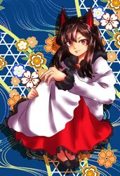  animal_ears bad_id bad_pixiv_id brooch brown_hair dress female floral_background highres imaizumi_kagerou jewelry long_hair long_sleeves parted_lips red_eyes smile solo toluda touhou wolf_ears 