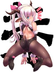  animal_ears ass bare_shoulders black_pantyhose blue_eyes commentary_request detached_sleeves female from_behind high_heels highres horns kneeling leaning_forward light_purple_hair long_hair looking_back original pantyhose ponytail rabbit_girl shiny_skin solo tail tsukigami_chronica 