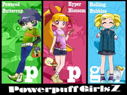  artist_request bag belt black_hair blonde_hair boomer_(ppg) boots bow brick_(ppg) butch_(ppg) chewing_gum closed_eyes food goutokuji_miyako green_eyes hair_ornament hairbow hairclip hand_behind_head highres hyper_blossom jacket long_sleeves looking_at_viewer looking_to_the_side matsubara_kaoru multiple_girls orange_hair pink_eyes pocky powered_buttercup powerpuff_girls_z ribbon rolling_bubbles shoes short_hair short_shorts short_sleeves shorts skirt sneakers source_request 