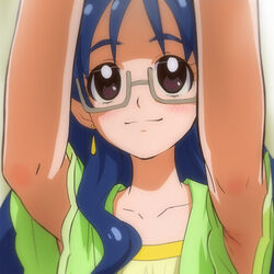  armpit_peek blue_hair brown_eyes earrings female glasses go!_princess_precure haruyama_kazunori jewelry long_hair nanase_yui precure semi-rimless_eyewear smile solo under-rim_eyewear 