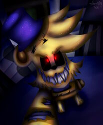  2015 animatronic bear digital_media_(artwork) five_nights_at_freddy&#039;s five_nights_at_freddy&#039;s_4 glowing glowing_eyes hi_res looking_at_viewer machine mammal nightmare_fredbear_(fnaf) robot sanity-paints_(artist) scottgames solo 