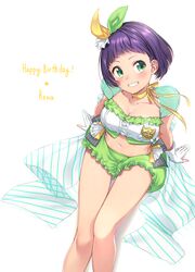  absurdres aqua_eyes araki_rena blush bow breasts character_name choker cleavage commentary_request crop_top female frilled_shorts frills gloves green_shorts grin hairbow happy_birthday highres looking_away medium_breasts midriff multicolored_bow navel partially_fingerless_gloves puffy_shorts purple_hair ribbon ribbon_choker sash short_hair shorts sitting smile solo thigh_gap tokyo_7th_sisters umeno white_background white_gloves yellow_ribbon 