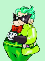  1boy bow bowtie candy fat fat_man green_hair ikazan_(artist) mask nintendo platinum_games pouch sweets the_wonderful_101 wonder_green 