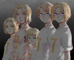  4boys ahoge america_(hetalia) aqua_eyes axis_powers_hetalia blonde_hair canada_(hetalia) color_connection commentary_request female france_(hetalia) green_eyes hair_color_connection hair_ribbon liechtenstein_(hetalia) multiple_boys odd_one_out poland_(hetalia) purple_eyes ribbon shade short_hair tanoshihana topless_male trait_connection 