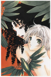  2girls absurdres black_hair bob_cut clamp_(circle) clover_(manga) collarbone curly_hair drill_hair eyelashes green_eyes highres lipstick long_hair looking_at_viewer makeup mechanical_bird mechanical_wings microphone multiple_girls nude official_art oruha parted_lips photoshop_(medium) scan short_hair steampunk suu_(clover) traditional_media white_hair wings 