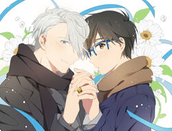  2boys bad_id bad_pixiv_id black_hair blue-framed_eyewear blue_eyes blush brown_eyes daisy eunram flower glasses hair_over_one_eye holding_hands interlocked_fingers jewelry katsuki_yuuri male_focus multiple_boys ribbon ring smile viktor_nikiforov white_hair yuri!!!_on_ice 