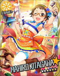  artist_request brown_eyes brown_hair card_(medium) character_name confetti female food glasses idolmaster idolmaster_cinderella_girls jewelry kitagawa_mahiro microphone necklace official_art one_eye_closed orange-framed_eyewear pretzel short_hair solo_focus sun_symbol thighhighs 