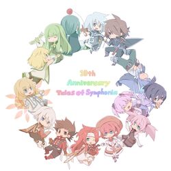  6+boys 6+girls alicia_combatir anniversary chibi colette_brunel commentary corrine creature everyone fujibayashi_sheena genis_sage kratos_aurion lloyd_irving martel_(tales) mithos_yggdrasill multiple_boys multiple_girls noishe presea_combatir rainbow_order rainbow_text raine_sage red_shirt regal_bryan seles_wilder shirt tales_of_(series) tales_of_symphonia white_background yakigyouza yuan_(tales) zelos_wilder 