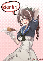  ashigara_(kancolle) beret brown_eyes brown_hair commentary cosplay curry curry_rice english_commentary english_text female food hat heart heart-shaped_pupils jervis_(kancolle) jervis_(kancolle)_(cosplay) kantai_collection katsu_curry long_hair misumi_(niku-kyu) oerba_yun_fang open_mouth ponytail rice smile symbol-shaped_pupils teeth 