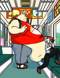  anthro belly belly_overhang big_belly canid canine clothed clothing detailed_background duo fox hi_res inside_train lagomorph leporid male mammal midriff morbidly_obese obese overweight rabbit size_difference tkc2021 train vehicle 