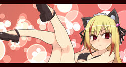  animal_ears beatmania_iidx bikini black_bikini blonde_hair blush bubble cat_ears commentary_request female hair_ornament hair_ribbon heart heart-shaped_pupils hugging_own_legs legs_up long_hair out-of-frame_censoring oza_watto red_eyes ribbon shoes sitting solo swimsuit symbol-shaped_pupils the_knee_socks_princess_of_glass 