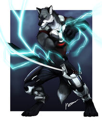  2012 5_fingers anthro armor asian_sword barefoot biped black_body black_fur black_markings black_nose blue_background border bottomwear canid canine canis clothed clothing cutlass digital_media_(artwork) digitigrade dipstick_tail electricity facial_markings feet fighting_pose fingers fox front_view full-length_portrait fur greaves grey_body grey_fur grey_tail head_markings heterochromia holding_melee_weapon holding_object holding_sword holding_weapon hybrid kouga_talbain lightning male mammal markings melee_weapon multicolored_body multicolored_fur multicolored_tail normalize outside_border pants portrait pose saber signature simple_background snout solo sword tail tail_markings two_tone_tail weapon white_body white_border white_fur white_tail wolf 