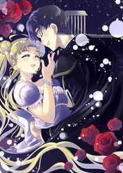  1boy bead_bracelet beads bishoujo_senshi_sailor_moon black_hair blonde_hair bracelet cape chiba_mamoru closed_eyes commentary_request couple crescent crescent_facial_mark doriho dress earrings endymion_(sailor_moon) facial_mark female flower forehead_mark hair_bun hair_ornament hairpin hug jewelry long_hair princess_serenity red_flower red_rose rose single_hair_bun smile straight tsukino_usagi 