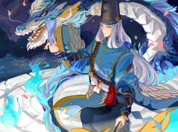  1boy abe_no_seimei_(onmyoji) achyue beads black_hat blue_eyes blue_fire bracer bridal_gauntlets closed_mouth commentary dragon eastern_dragon eyeliner feathers fire gauntlets hat japanese_clothes long_hair looking_at_viewer makeup ofuda onmyoji onmyouji photoshop_(medium) prayer_beads tassel tate_eboshi teeth very_long_hair white_feathers white_hair yellow_eyes 