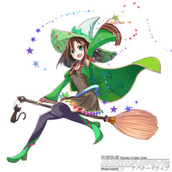  arm_up armpits belt black_cat black_dress black_thighhighs boots bow broom broom_riding brown_hair cape commentary_request copyright_name detached_sleeves dress feline female full_body green_bow green_eyes green_footwear hat heart heart_print highres kousoku_kidou_avatar_drive loose_belt oerba_yun_fang okutomi_fumi open_mouth pointed_footwear skirt solo star_(symbol) thighhighs watermark white_background witch witch_hat 