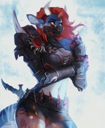  2018 anthro armor blue_body blue_skin bottomwear bovid bovine breasts cleavage clothed clothing digital_media_(artwork) ear_piercing female fin fish gauntlets gloves grin hair handwear hi_res horn hybrid kardie kasumi_(nayami) knife laces looking_at_viewer mammal marine mask navel ninja piercing red_eyes red_hair shark sharp_teeth shorts simple_background smile solo standing stripes teeth thick_thighs warrior weapon 