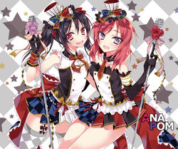  2girls :d anapom argyle_background argyle_clothes argyle_legwear artist_name bad_id bad_pixiv_id bare_shoulders black_hair blush bow cafe_maid_(love_live!) checkered_clothes checkered_skirt detached_collar elbow_gloves flower gloves hairbow hat long_hair looking_at_viewer love_live! love_live!_school_idol_project microphone_stand multiple_girls necktie nishikino_maki open_mouth pleated_skirt purple_eyes red_eyes red_hair ribbon short_hair skirt sleeveless smile thighhighs twintails yazawa_nico zettai_ryouiki 