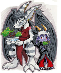  anthro big_ears black_hair blue_eyes bonsai buwaro_elexion claws clothing demon duo ear_piercing feathered_wings feathers female fur hair horn looking_at_viewer male mammal piercing plant purple_body purple_fur sakido_elexion sibling_(lore) slightly_damned stripes the-chu tree white_body white_fur white_hair wings 